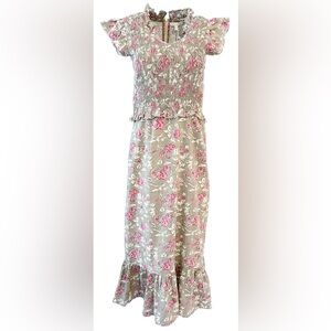 Anna Cate Smocked Tan and Pink Maxi Dress